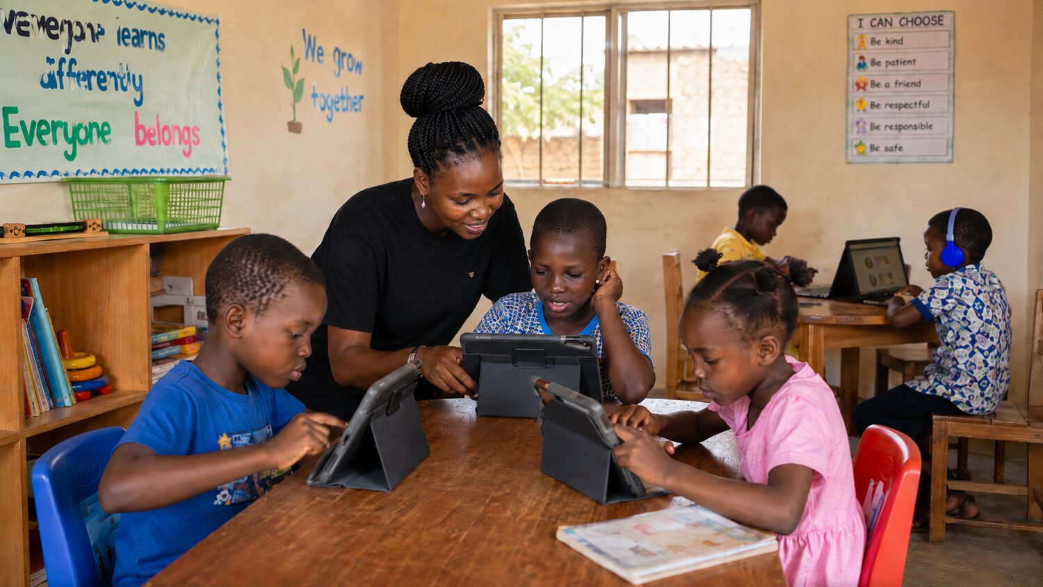 Children learning with tablets in an inclusive South African classroom