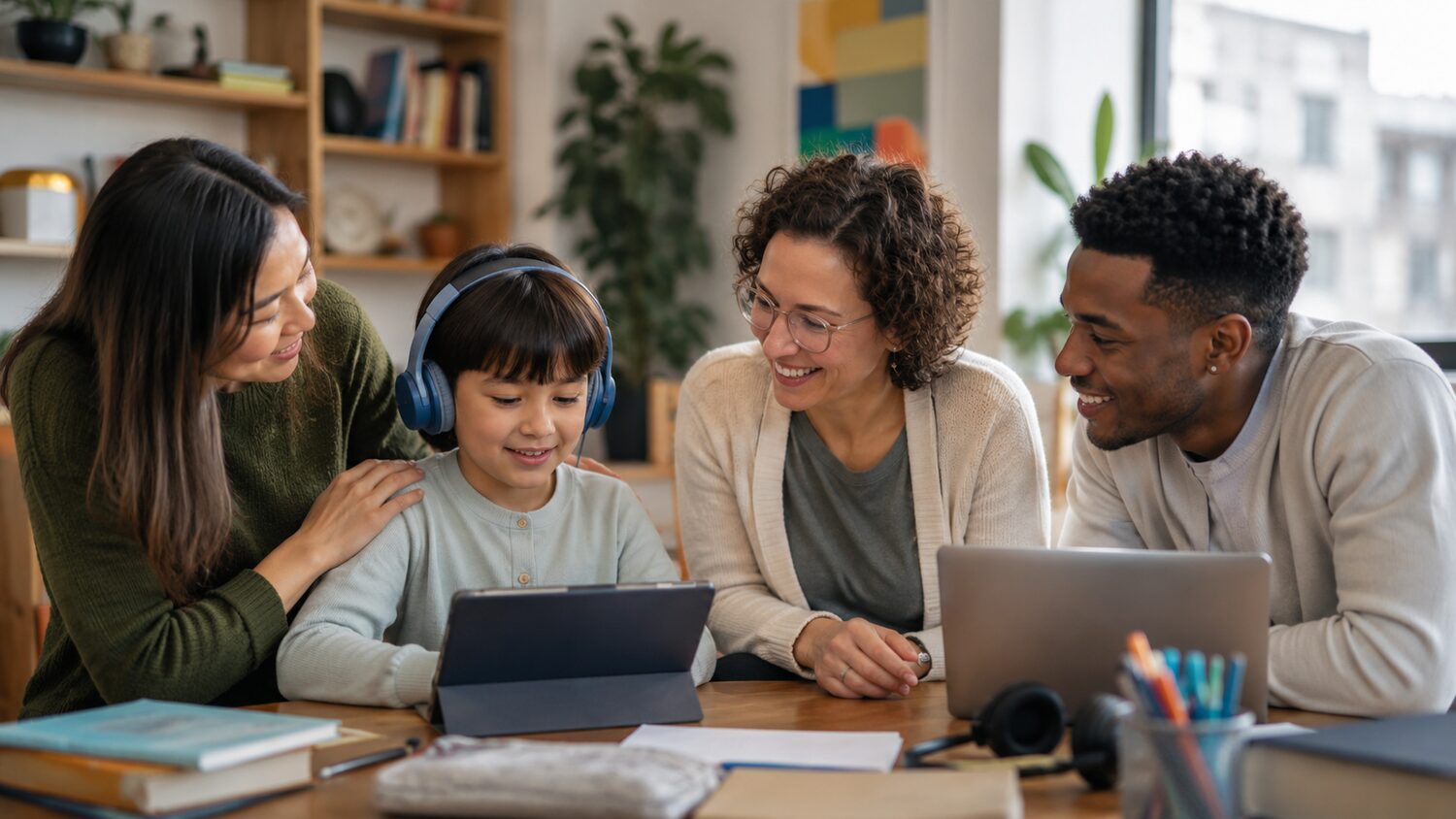 A child using a laptop with supportive parents and teachers gathered around