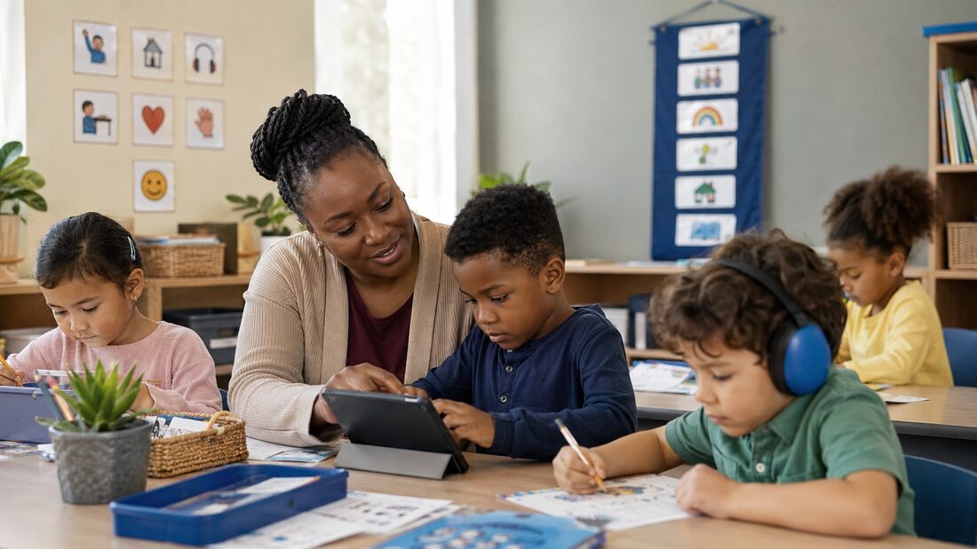 A teacher supporting young learners in an inclusive classroom, one child wearing noise-reducing headphones